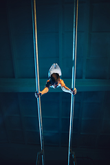 Image showing Little male gymnast training in gym, flexible and active