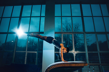 Image showing Little male gymnast training in gym, flexible and active