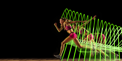 Image showing Creative sport and neon waves on dark neon lighted line background