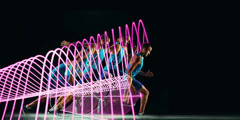 Image showing Creative sport and neon waves on dark neon lighted line background