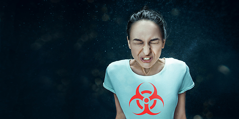 Image showing Woman feeling ill, has virus infection, fever, headache and sneezing