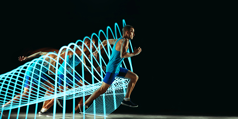 Image showing Creative sport and neon waves on dark neon lighted line background