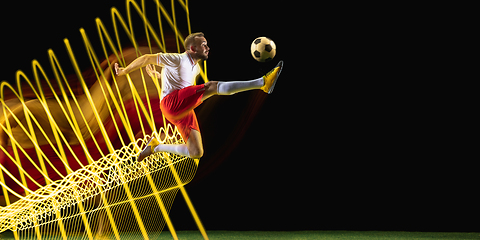 Image showing Creative sport and neon waves on dark neon lighted line background