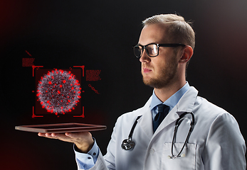 Image showing doctor with tablet pc and coronavirus projection