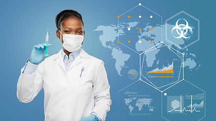 Image showing doctor in medical mask over world pandemia map