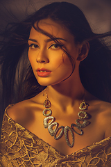 Image showing beautiful young woman with necklace in golden light