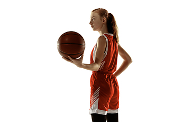 Image showing Young caucasian female basketball player against white studio background