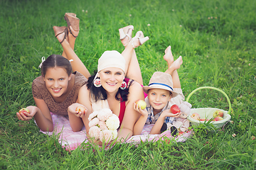 Image showing mother with two kids having picnic outdoors