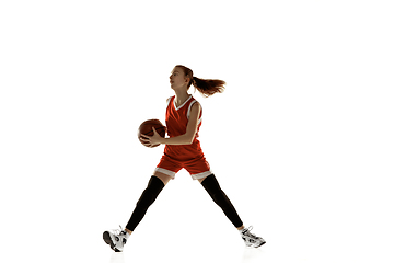 Image showing Young caucasian female basketball player against white studio background