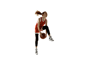 Image showing Young caucasian female basketball player against white studio background