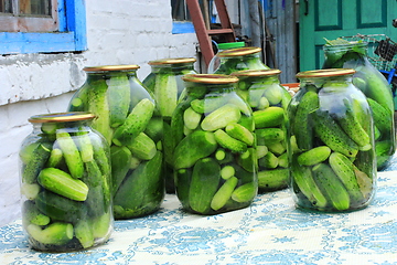 Image showing Cucumbers in the jars prepared for preservation