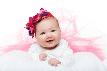 Image showing happy beautiful baby girl in tutu skirt and hat