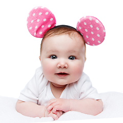 Image showing funny little baby girl in mouse ears headband