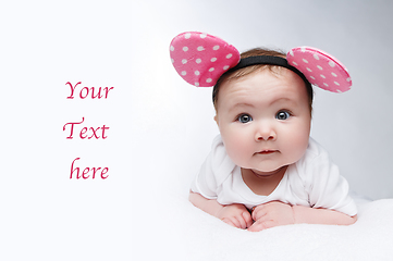 Image showing funny little baby girl in mouse ears headband