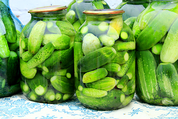 Image showing Cucumbers in the jars prepared for preservation