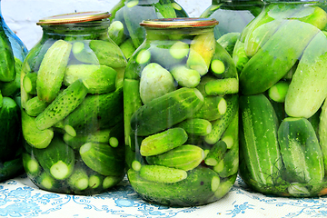 Image showing Cucumbers in the jars prepared for preservation