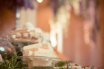 Image showing sweets on the wedding table. Vintage color.