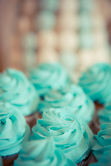 Image showing sweets on the wedding table. Vintage color.