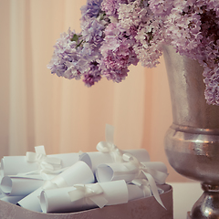 Image showing Lilac bouquet in a silver vase