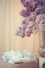 Image showing Lilac bouquet in a silver vase