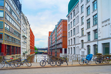 Image showing Bicycles parking by Hamburg canal