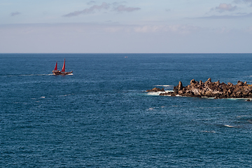 Image showing beautiful view on ocean water and black lava sand