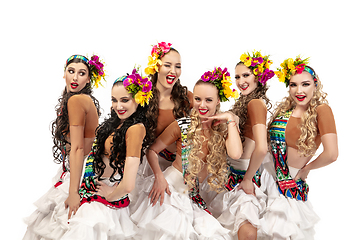 Image showing Beautiful young women in carnival and masquerade costumes on white studio background