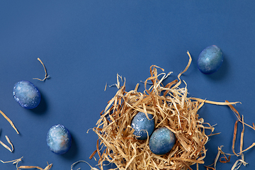 Image showing Egg hunt is coming. Easter traditions, space, cosmos colored eggs, top view