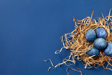 Image showing Egg hunt is coming. Easter traditions, space, cosmos colored eggs, top view