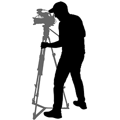 Image showing Cameraman with video camera. Silhouettes on white background