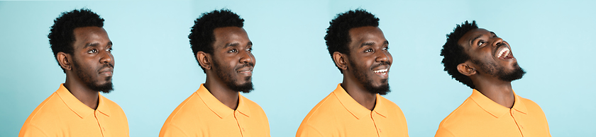 Image showing Portrait of African man isolated on blue studio background with copyspace. Collage