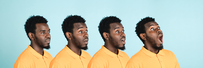 Image showing Portrait of African man isolated on blue studio background with copyspace. Collage