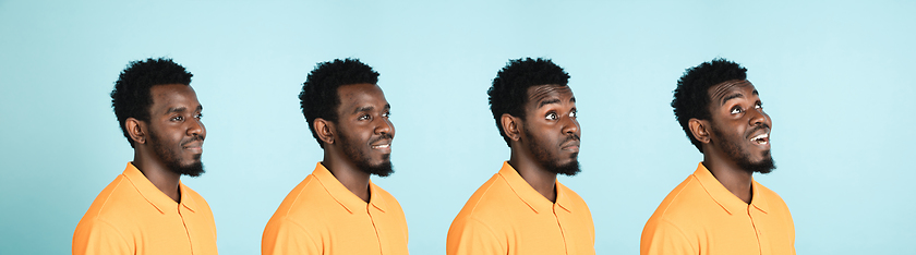 Image showing Portrait of African man isolated on blue studio background with copyspace. Collage