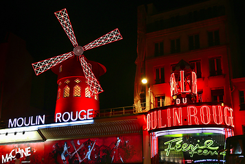 Image showing View of the Moulin Rouge (Red Mill) at night in Paris, France