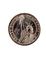 Image showing Tails of gold us one dollar coin closeup