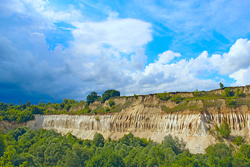 Image showing Cretaceous quarry. Landscape with sandy cliffs and beautiful sky