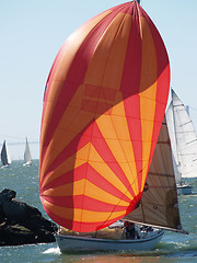 Image showing Sailboat running before the wind with spinnaker sail