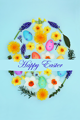 Image showing Happy Easter Egg Shape with Flowers and Eggs