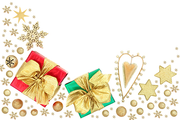 Image showing Christmas Gifts with Retro Heart Ornament and Gold Baubles 