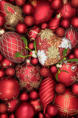 Image showing Romantic Christmas Background with Mistletoe and Baubles