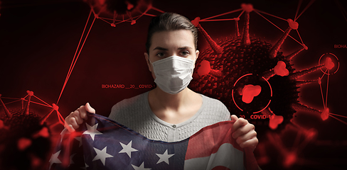 Image showing woman in mask with flag of america and coronavirus