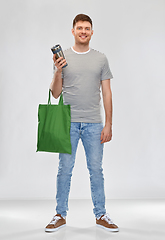 Image showing man with bag for food shopping and tumbler