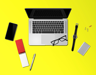 Image showing Office desk mockup top view isolated on yellow