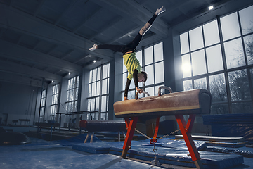 Image showing Little male gymnast training in gym, flexible and active