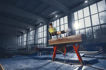 Image showing Little male gymnast training in gym, flexible and active