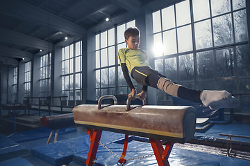 Image showing Little male gymnast training in gym, flexible and active