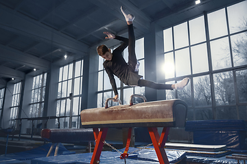 Image showing Little male gymnast training in gym, flexible and active