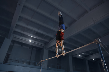 Image showing Little male gymnast training in gym, flexible and active