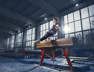 Image showing Little male gymnast training in gym, flexible and active