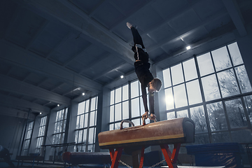 Image showing Little male gymnast training in gym, flexible and active